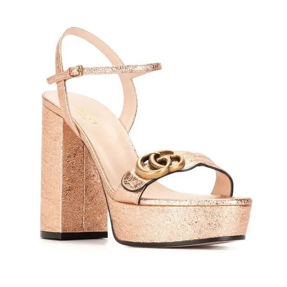 Gucci Shoes - Gucci Marmont Metallic Platform Block Heels - Rose Gold NWOB
